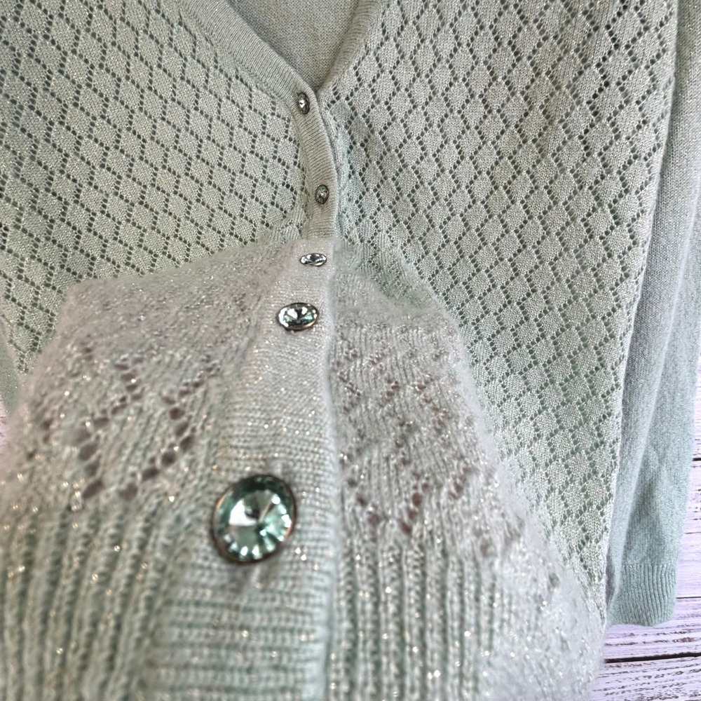 Cardigan M Sage Green Metallic Pointelle V-Neck Rhinestone Button Soft Coquette